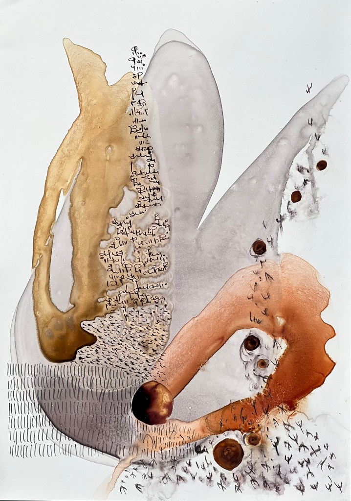 Abstract form in portrait orientation. Warm grey, warm red and brown with burnt umber blobs and asemic marks in graphite and watercolour.