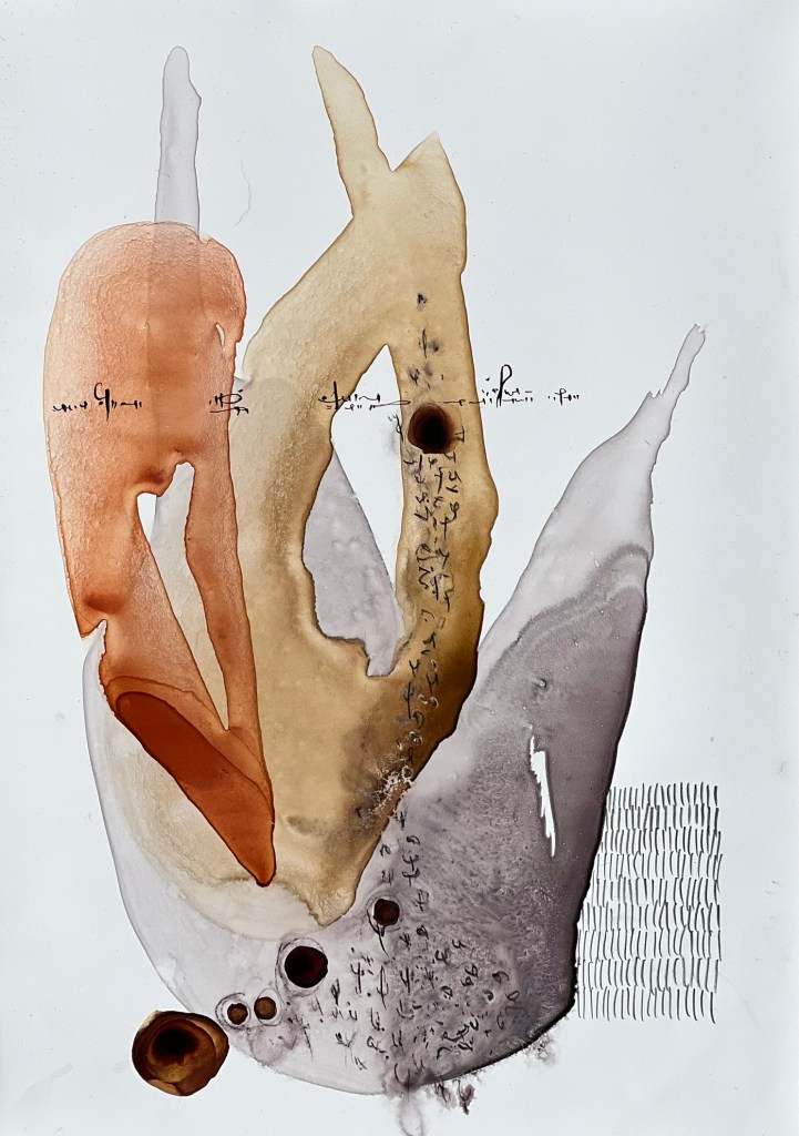 Abstract form in portrait orientation. Warm grey, warm red and brown with burnt umber blobs and asemic marks in graphite and watercolour.