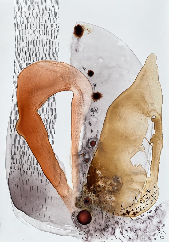 Abstract form in portrait orientation. Warm grey, warm red and brown with burnt umber blobs and asemic marks in graphite and watercolour.