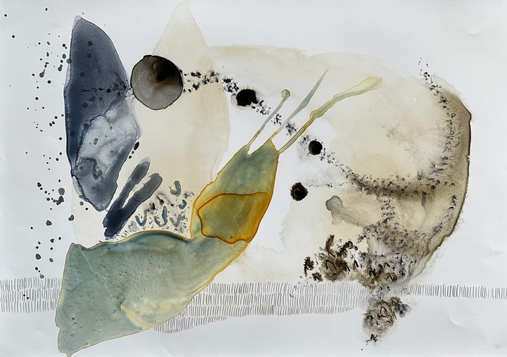 Abstract landscape in buff titanium, undersea green and blue with sepia and graphite marks.