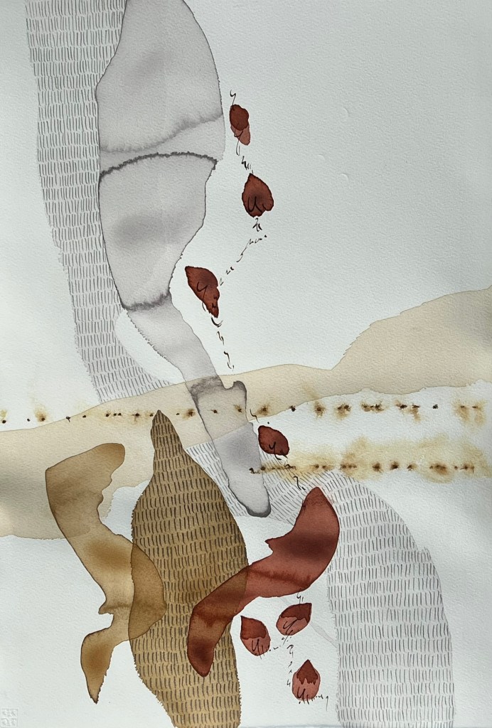 Abstract landscape in portrait orientation in warm grey and brown with red accents and burnt umber marks.