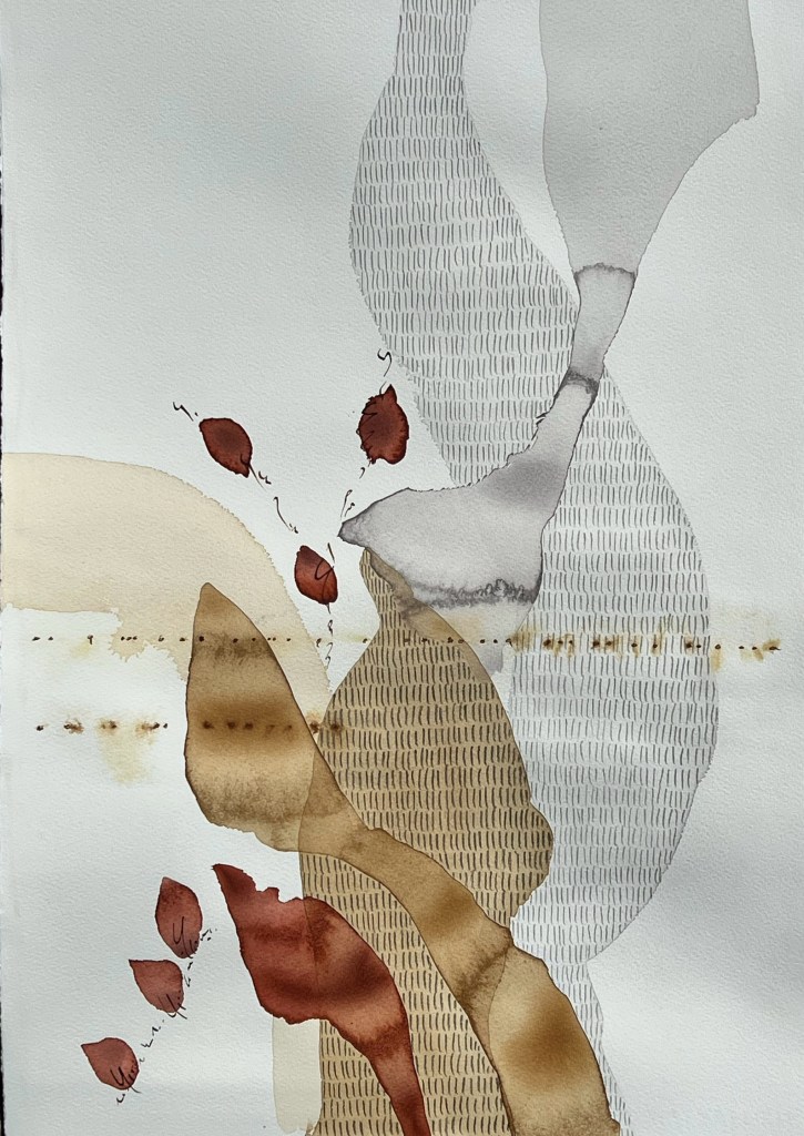 Abstract landscape in portrait orientation in warm grey and brown with red accents and burnt umber marks.