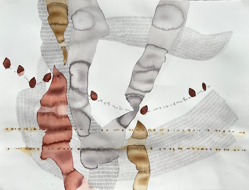 Abstract landscape in portrait orientation in warm grey and brown with red accents and burnt umber marks.