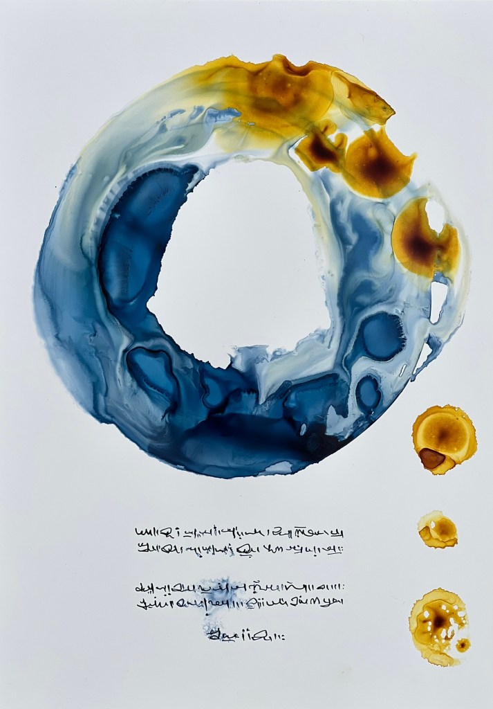 Circular form in blue with splashes of yellow ochre and an asemic poem below.
