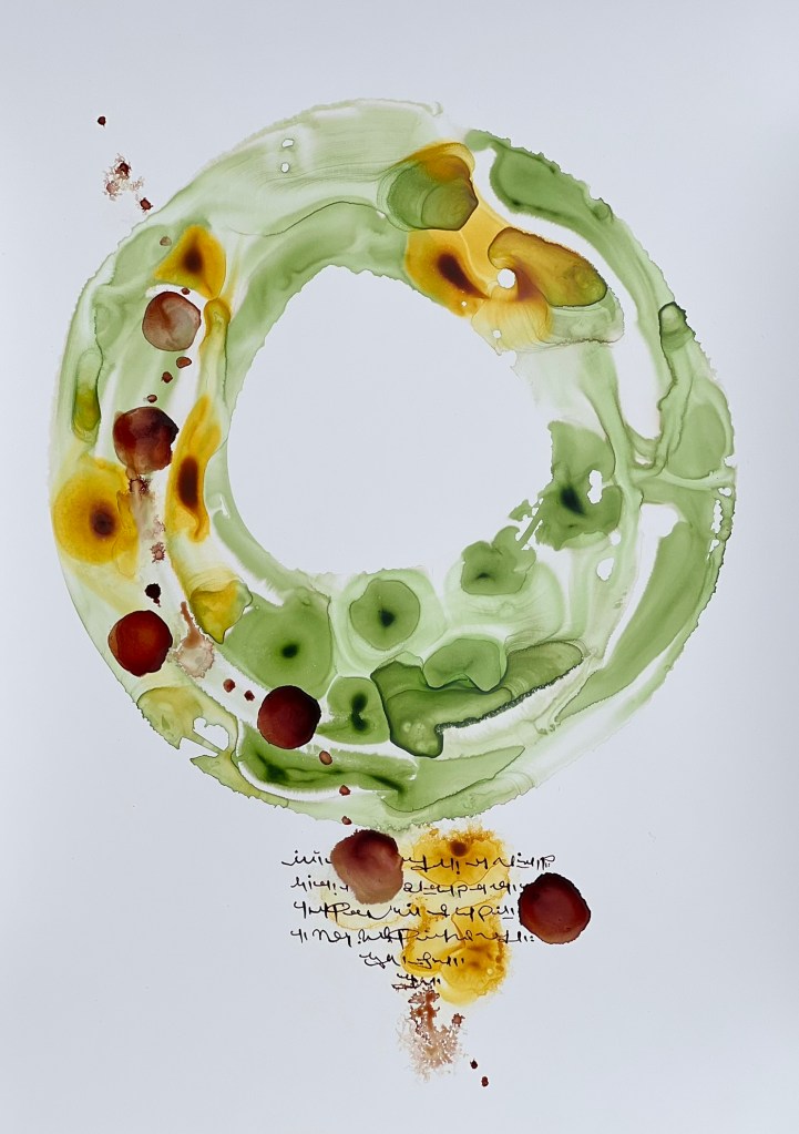 Circular form in green with splashes of yellow ochre and red and an asemic poem below.