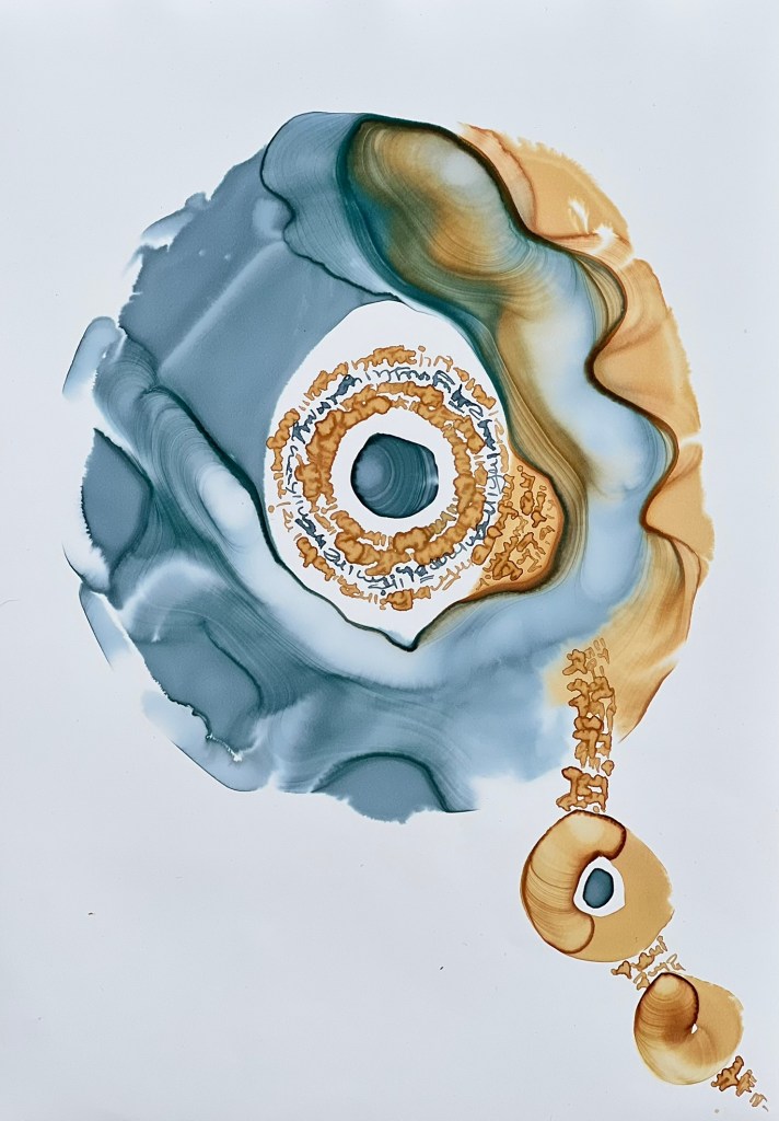 Circular form in grey-blue with splashes of yellow ochre and as asemic poem in the centre.