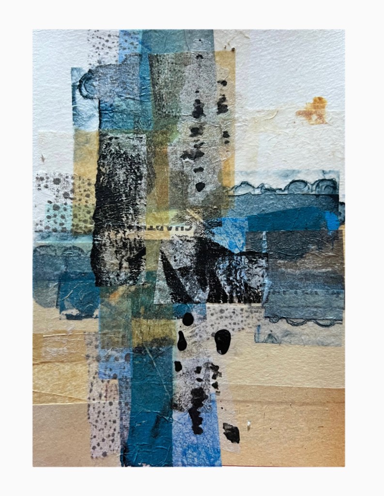 Abstract cross form collage with blue papers and black accents on a yellowed vintage paper background.