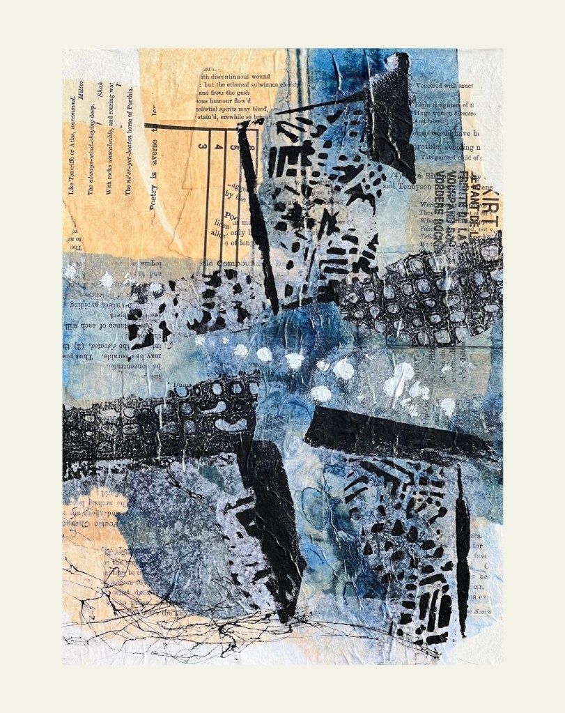 Abstract cross form collage with blue papers and black accents on a yellowed vintage paper background.